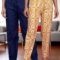 Kryptic Mustard & Blue Cotton Relaxed Fit Printed Lounge Pants - Pack of 2-image-98