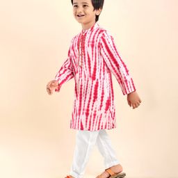 Babyhug Woven Full Sleeves Mandarin Collar Kurta & Pajama Set with Tie Dye Print - Red & White-image-58