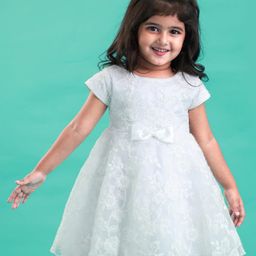 Babyhug Sleeveless Floral Embroidery with Bow Applique Party Frock - White-image-98