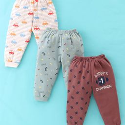 Mini Donuts 100% Cotton Full Length Pajamas Car Printed Pack of 3 - Acru Green & Brown-picture-26