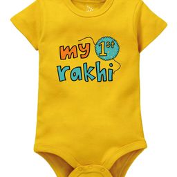 Zeezeezoo Raksha Bandhan Theme Half Sleeves My First Rakhi Printed Baby Onesie - Yellow-image-46
