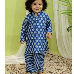BownBee Pure Cotton Full Sleeves Floral Printed Kurta With Leaves Printed Dhoti - Indigo Blue-image-80