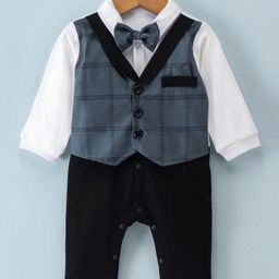 Mark & Mia Full Sleeves Party Wear Romper With Bow Detailing Checkered - White & Blue-image-64