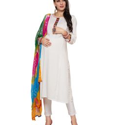 Mom for sure by Ketki Dalal Three Fourth Sleeves Placket Mirror Work Embellished Anarkali Maternity Kurta With Chiffon Bandhni Dupatta and concelead Zipper Access - White-picture-13