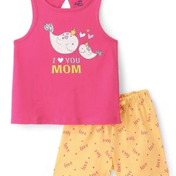 Doodle Poodle 100% Cotton Knit Sleeveless Night Suit With I Love Mom Print - Fuchsia & Yellow-image-41