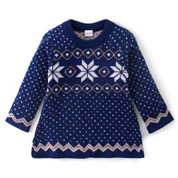 Babyhug Knitted Full Sleeves Woollen Dress with Aztec Design - Blue-image-19