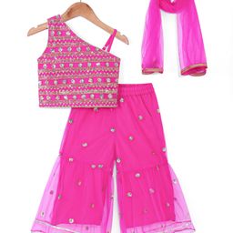 Babyhug Woven Sleeveless Sequin Embroidered One Shoulder Top With Palazzo & Dupatta- Fuschia-image-72