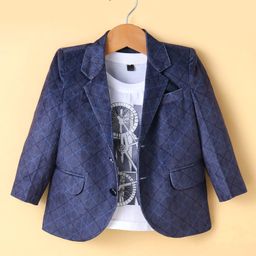 Robo Fry Woven Full Sleeves Checkered Blazer & Printed T-Shirt - Navy Blue & White-image-76
