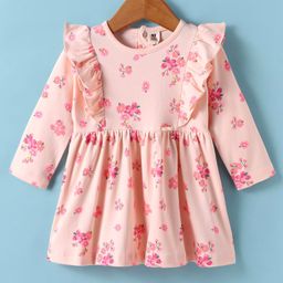 ToffyHouse 100% Cotton Knit Full Sleeves Floral Printed Frock with Frill Detailing - Pink-picture-12