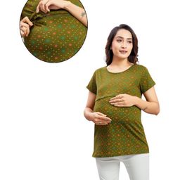 Mama & Bebe Half Sleeves Floral Printed Tee With Concealed Zipper Nursing Access - Green-image-84