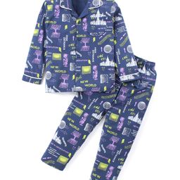 Doreme Single Jersey Knit Full Sleeves Printed Night Suit - Navy-image-45