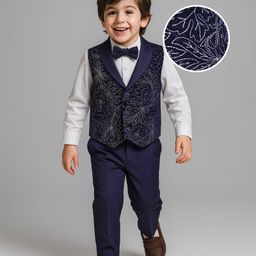 Babyhug Woven Full Sleeves Floral Embroidered Textured 3 Piece Party Suit with Bow - Navy Blue-picture-13