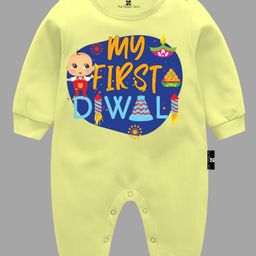 The Peppy Tend Diwali Theme 100% Cotton Full Sleeves My First Diwali Text Printed Romper - Yellow-picture-36