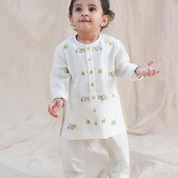 Tiber Taber 100% Chanderi Cotton Full Sleeves Peacock Embroidered Kurta With Pyjama Set - Cream-image-32