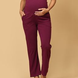 The Mom Store Cotton Spandex Solid Maternity Track Pants - Purple-image-84