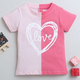BUMZEE Cotton Woven Half Sleeves Color Blocked T-Shirt with Love Text Print - Light Pink & Dark Pink-image-90