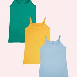 Kiddopanti Cotton Pack Of 3 Sleeveless Solid Camisoles - Green Blue & Mustard-image-56