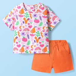 Babyhug Single Jersey Knit Half Sleeves Top & Shorts Set With Fruit & Floral Print - White & Orange-image-93