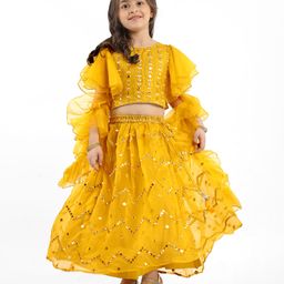 Babyhug Woven Flutter Sleeves Choli Lehenga Set With Dupatta Embroidery And Mirror Work- Mustard-image-10