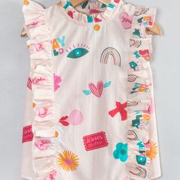 Hugsntugs Woven Cotton Sleeveless Floral & Hearts Printed Top - Ivory & Pink-image-15