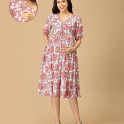 The Mom Store Cotton Half Sleeves Floral Printed Maternity Dress With Nursing Access - Multi Colour-image-80