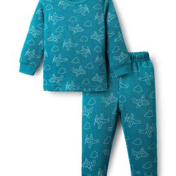 Babyoye Cotton Knit Full Sleeves Thermal Inner Wear Set With Aeroplane Print - Teal Blue-image-85