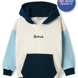 Bonfino 100% Cotton Fleece Knit Full Drop Shoulder Sleeves Hooded Sweatshirt with Kangaroo Pockets & Brave Text Print - Offwhite & Light Blue-picture-15