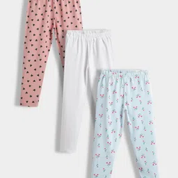 Orange Sugar Cotton Lycra Knit Pack Of 3 Hearts & Tulips Printed Stretchable Leggings - Multi Colour-image-50