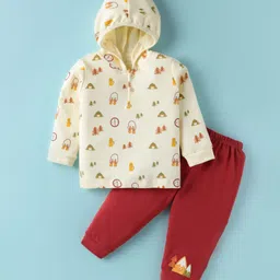 Tango Interlock Knit Full Sleeves Printed Hooded Sweatshirt & Lounge Pant - Cream & Red-picture-7