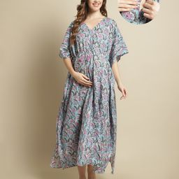 Secret Wish Rayon Woven Half Batwing Sleeves Floral Printed Maternity Kaftan Nighty With Side Zipper Nursing Access - Blue-image-70