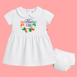 The Peppy Tend 100% Cotton Knit Independence Day Theme Half Sleeves My 1st Independence Day Text Printed Dress With Bloomer - White-image-12