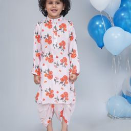 Little Bansi 100% Cotton Muslin Woven Full Sleeves Marigold Flower Printed Kurta With Coordinating Dhoti - Baby Pink-picture-32