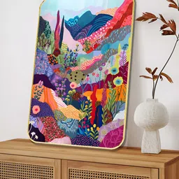 Myntra Elegant Homes Pink & Blue Abstract Floral Hills Wooden Painting Wall Art-image-67