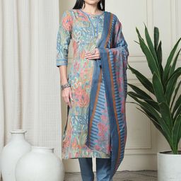 KALINI Floral Printed V-Neck Straight Kurta With Trousers & Dupatta-image-24