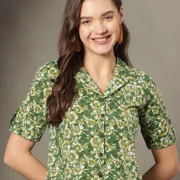 HERE&NOW Women Floral Print Roll-Up Sleeves Cotton Shirt Style Crop Top-picture-48