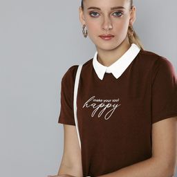 Chemistry Women Brown Typography Print with Shirt Collar Pure Cotton T-shirt-image-43