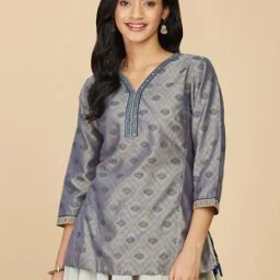 Fabindia Grey Cotton Silk Printed A Line Short Kurti-picture-41
