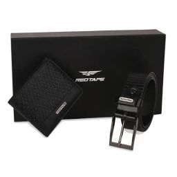 Red Tape Black Textured Leather Belt & Wallet Gift set-47