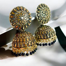M55 Gold-Plated Artificial Beaded Dome Shaped Meenakari Jhumkas-9