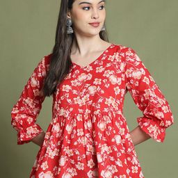 KALINI Women Women Floral Printed Bell Sleeves Pleated Detail Cotton Peplum Top-image-33