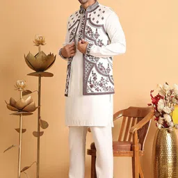 Jompers Men Floral Embroidered Regular Chikankari Kurta with Pyjamas-picture-31