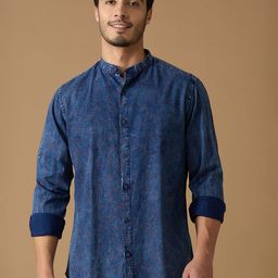 SNX Abstract Printed Mandarin Collar Cotton Tailored Fit Shirt-image-39