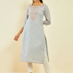 Soch Grey Cotton All-Over Embroidered Round-Neck Straight Kurta-image-47
