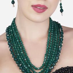 Zaveri Pearls Green Multi Layers Beaded Long Necklace & Earring Set-ZPFK13749-47