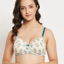 Clovia Off-White Floral Print T-Shirt Bra-image-1