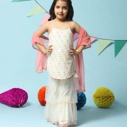BIBA Girls Cream & Coral Embroidered Kurta, Sharara with Dupatta-image-20