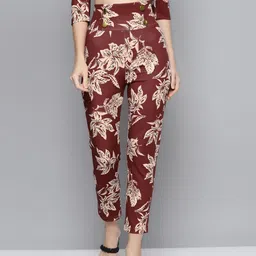 SASSAFRAS Women Maroon Floral Printed Front Button High-Rise Trousers-10