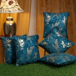 Hosta Homes Golden Foil Embellished Blue Velvet Cushion Cover - Set of 5-picture-26
