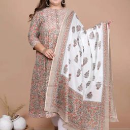 Miravan Beige Cotton Floral Print A Line Kurta With Dupatta-30
