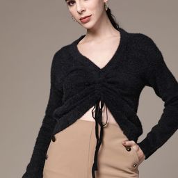 bebe Women Jet Black Season Staple Solid Ruched Pullover-image-33